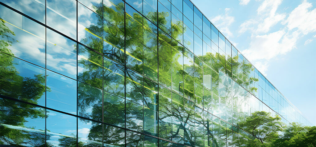 Green Trees and Blue Sky Reflected in an Office Building 